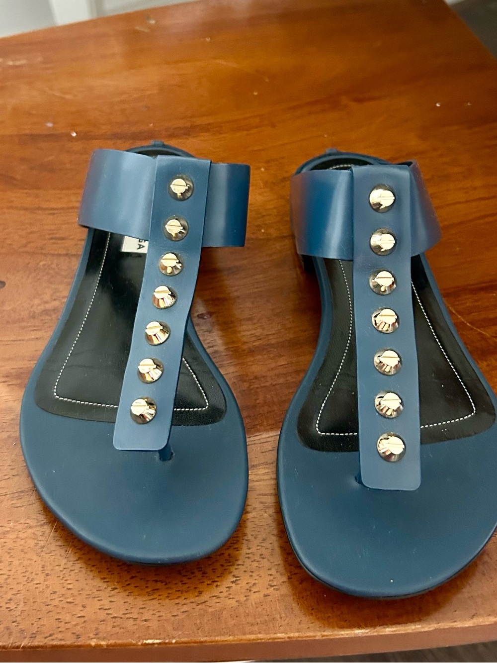 Women’s Navy Balenciaga T-Strap Sandals with Gold Stud Accents